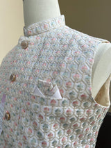 Pastel Pearl Off White men's Nehru/Modi jacket in silk (non-pure) with embroidery, thread & sequin work — Kaash Collection