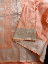 Pastel Peach Banarasi Mashru Silk Saree, Muted Gold Zari Weave, Small Buttis Border - Kaash