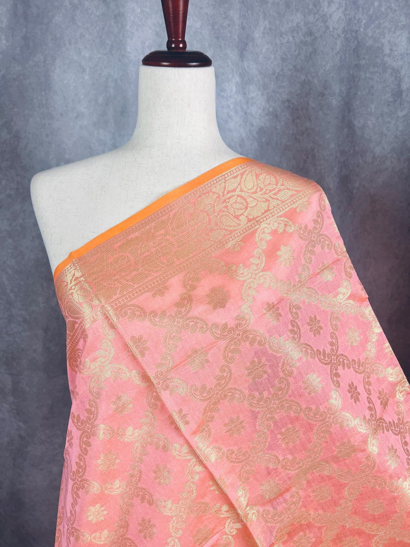 Pastel Peach Banarasi Floral Semi Silk dupatta in soft silk (non-pure) with floral jaal with muted gold zari — Kaash Collection