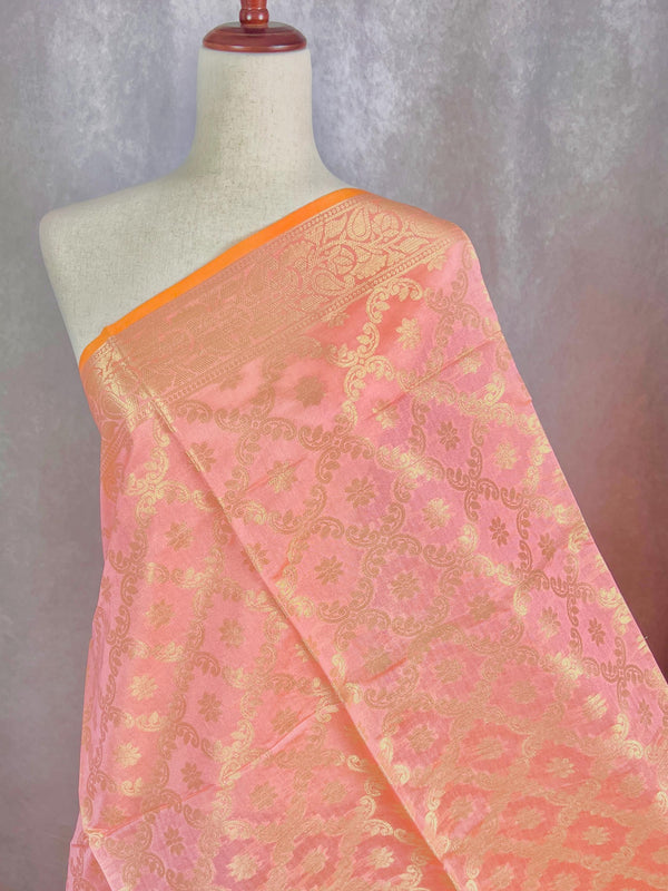 Pastel Peach Color Banarasi Floral Semi Silk dupatta with Muted Gold Zari Weaving | Light Weight Dupatta | Silk Dupatta | Stole - Kaash
