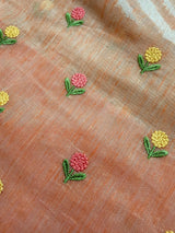 Pastel Peach Color Linen blend with Cotton Silk Saree and Embroidery floral buttis - Kaash