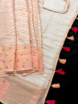 Pastel Peach Color Linen blend with Cotton Silk Saree and Embroidery floral buttis - Kaash
