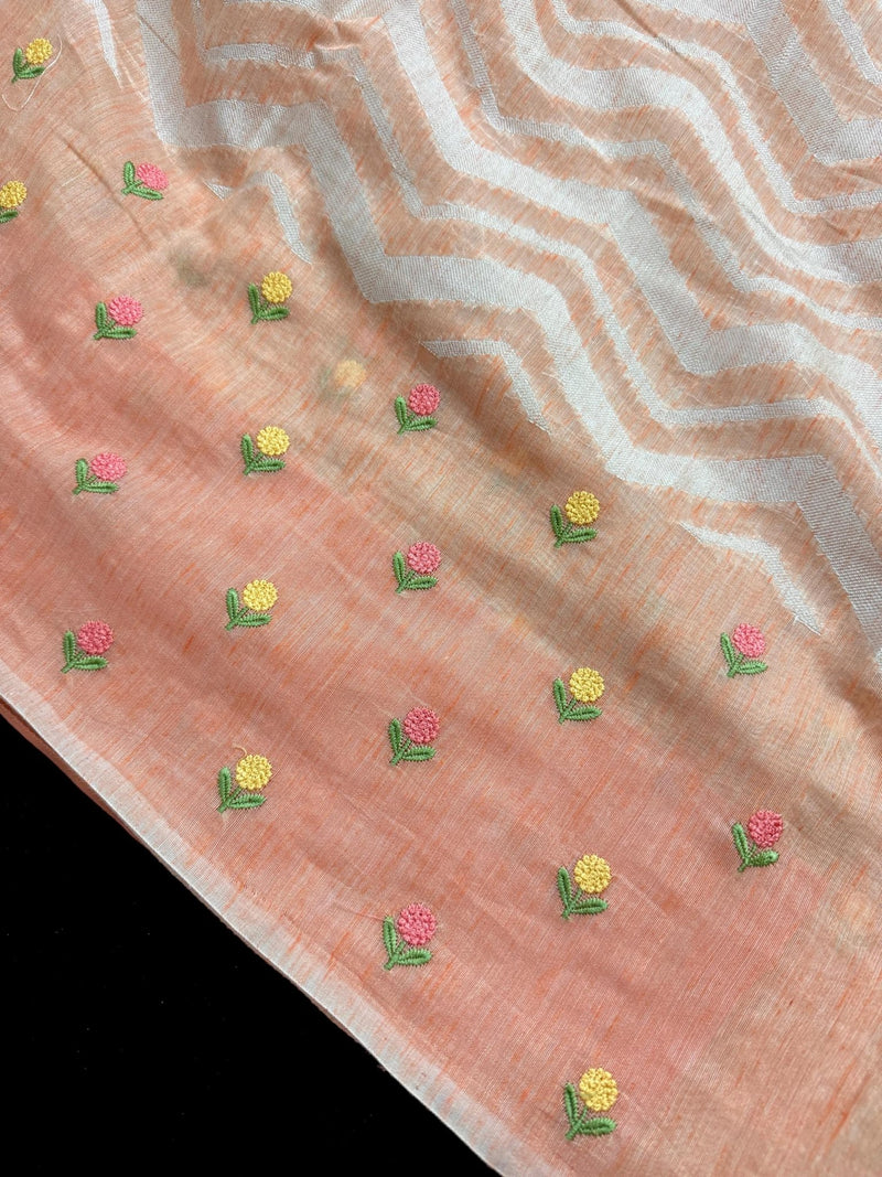 Pastel Peach Color Linen blend with Cotton Silk Saree and Embroidery floral buttis - Kaash