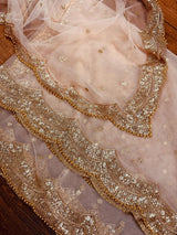 Pastel Peach Net Sequin dupatta in net with gold zari, sequin & bead work on net — Kaash Collection