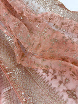 Pastel Peach soft organza silk dupatta with gold zari embroidery & sequin jaal — Kaash Collection