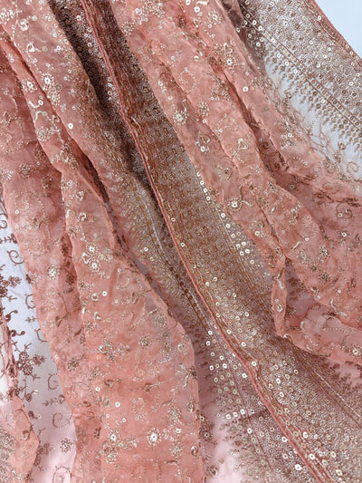 Pastel Peach Color Organza Silk Dupatta, Gold Zari Embroidery, Wedding Party Wear - Kaash