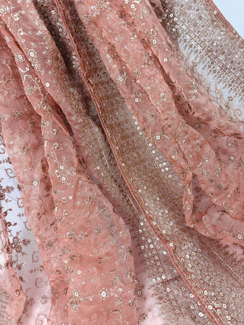 Pastel Peach soft organza silk dupatta with gold zari embroidery & sequin jaal — Kaash Collection