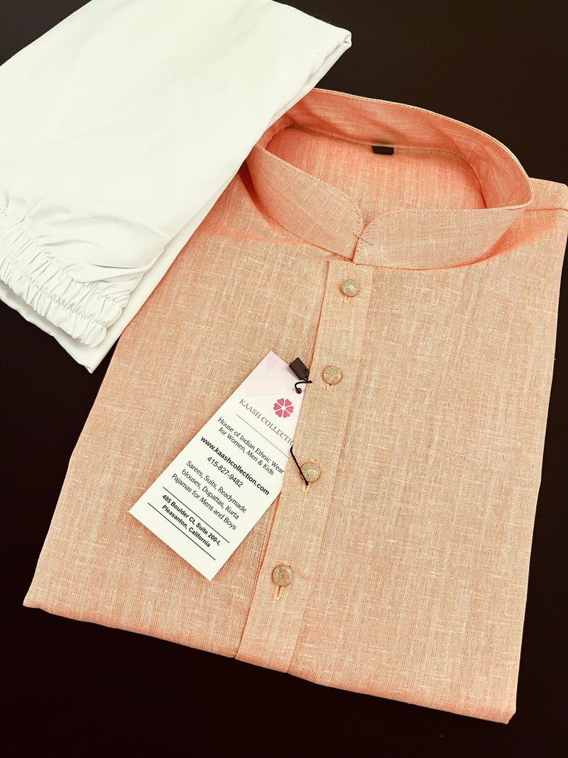Pastel Peach Color Premium Pure Linen Cotton Kurta Pajama Set for Men | Cotton Men Kurtas | Pastel Yellow Color Kurta | Men Kurta in Pastel - Kaash