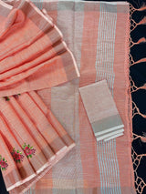 Pastel Peach Linen Silk Saree with Floral Embroidery with Zari Work - Kaash