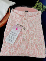 Pastel Peach Pink men's kurta pajama in pure cotton with lucknowi chikankari with silver sequin — Kaash Collection