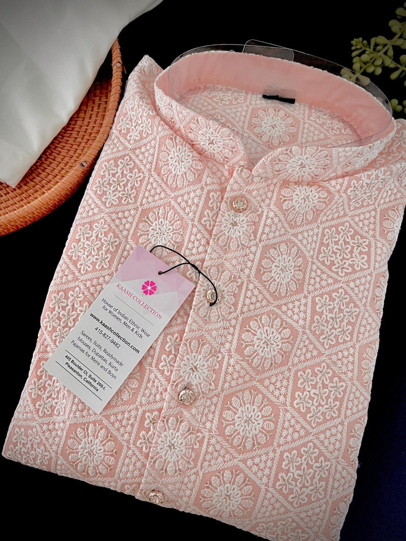 Pastel Peach Pink men's kurta pajama in pure cotton with lucknowi chikankari with silver sequin — Kaash Collection