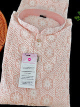 Pastel Peach Pink men's kurta pajama in pure cotton with lucknowi chikankari with silver sequin — Kaash Collection