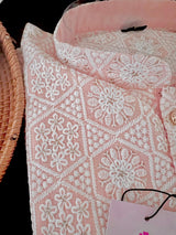 Pastel Pink Color Chikankari Lucknowi Pure Cotton Kurta Pajama Set with Sequin and with Lining - Chikhankari Kurta - Kaash