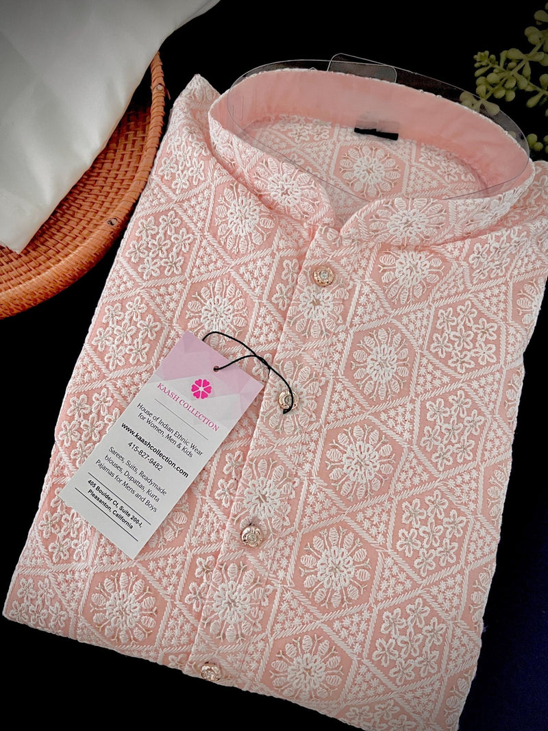 Pastel Pink Color Chikankari Lucknowi Pure Cotton Kurta Pajama Set with Sequin and with Lining - Chikhankari Kurta - Kaash