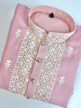 Pastel Pink Premium Cotton Kurta with Pajama | Hand - Embroidery Kurta with Cotton Lining | Cotton Mens Kurta Set - Kaash