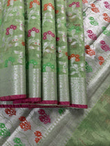 Pastel Pista Green Cotton Silk Banarasi saree in banarasi cotton silk with silver zari with floral jaal & meenakari — Kaash Collection
