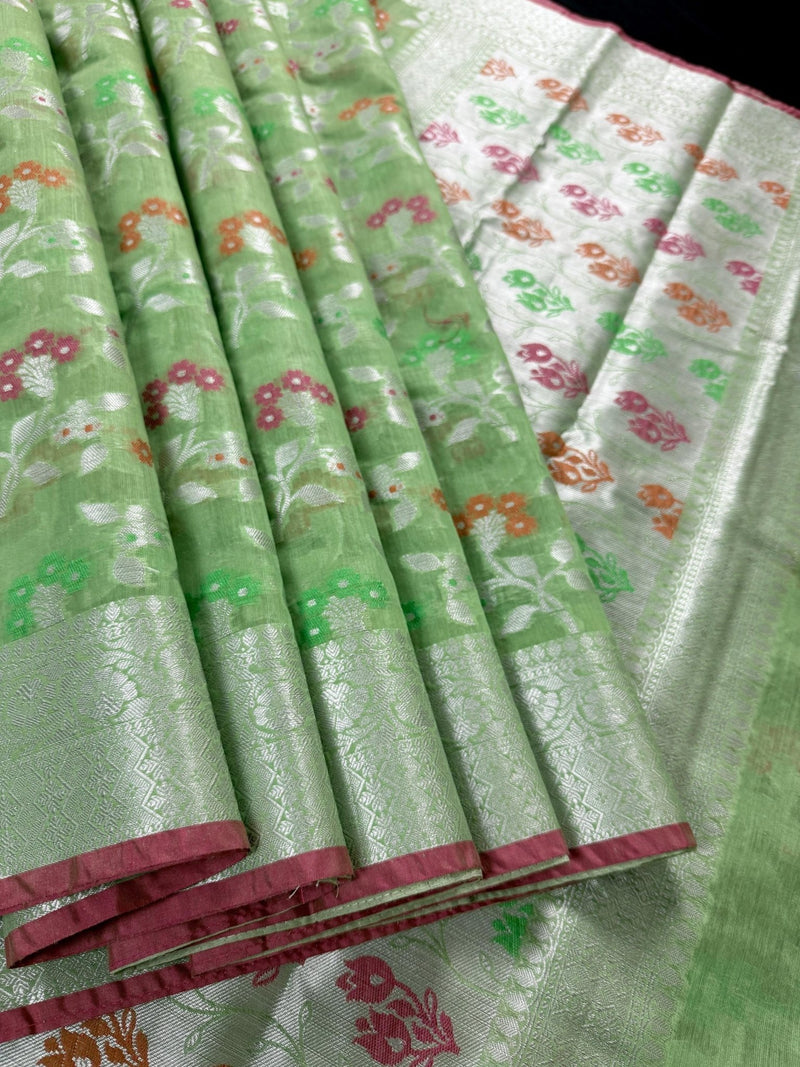 Pastel Pista Green Cotton Silk Banarasi saree in banarasi cotton silk with silver zari with floral jaal & meenakari — Kaash Collection