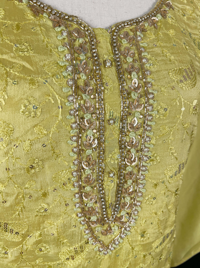Pastel Pista Green Chikhenkari Salwar Kameez with Dupatta - Embroidery, Mirror and Stone Work - Handwork 3pcs Suit for Women - Kaash