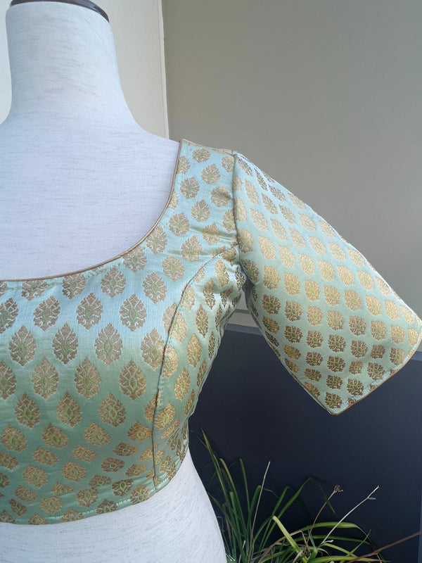 Pastel Pista Green Color blouse with small Buttis Pure Banarasi Ready to Wear Blouse | Size 40 | Readymade Blouses for Sarees - Kaash