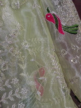 Pastel Pista Green tissue net dupatta with silver zari & parrot motifs — Kaash Collection