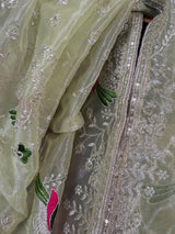 Pastel Pista Green tissue net dupatta with silver zari & parrot motifs — Kaash Collection