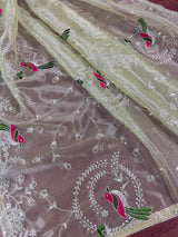 Pastel Pista Green tissue net dupatta with silver zari & parrot motifs — Kaash Collection