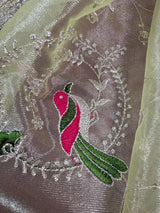 Pastel Pista Green tissue net dupatta with silver zari & parrot motifs — Kaash Collection