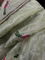 Pastel Pista Green tissue net dupatta with silver zari & parrot motifs — Kaash Collection