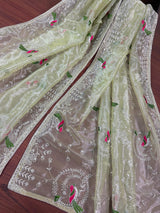 Pastel Pista Green tissue net dupatta with silver zari & parrot motifs — Kaash Collection