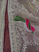 Pastel Pista Green tissue net dupatta with silver zari & parrot motifs — Kaash Collection