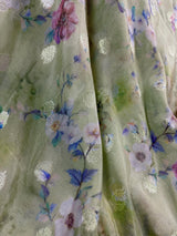 Pastel Pista Green with Hot Pink chiffon soft kora silk saree with silver zari with floral digital prints — Kaash Collection