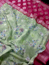 Pastel Pista Green with Hot Pink chiffon soft kora silk saree with silver zari with floral digital prints — Kaash Collection