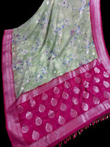 Pastel Pista Green with Hot Pink chiffon soft kora silk saree with silver zari with floral digital prints — Kaash Collection