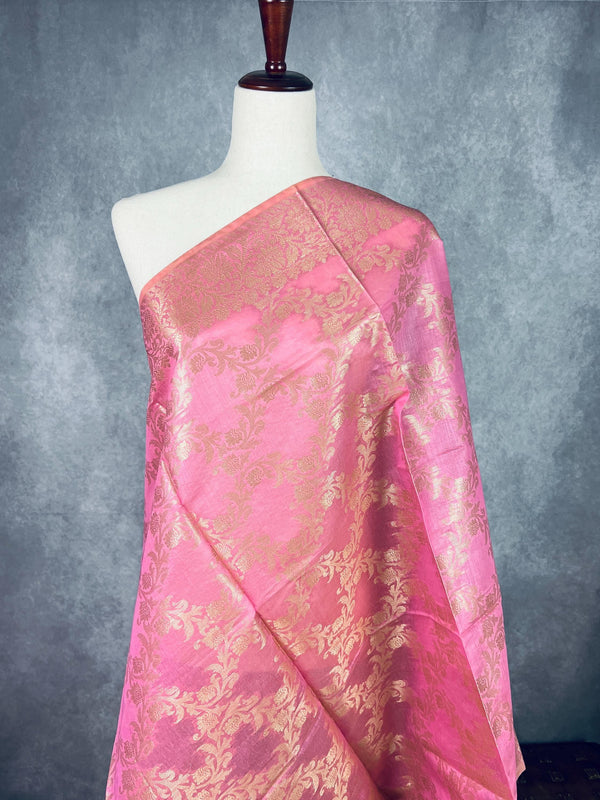 Pastel Rose Pink Color Handwoven Semi Silk Benarasi Dupatta with Muted Gold Zari Floral Jaal Weaving | Dupatta | Dupattas for Wedding - Kaash