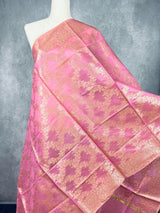 Pastel Rose Pink Color Handwoven Semi Silk Benarasi Dupatta with Muted Gold Zari Floral Jaal Weaving | Dupatta | Dupattas for Wedding - Kaash