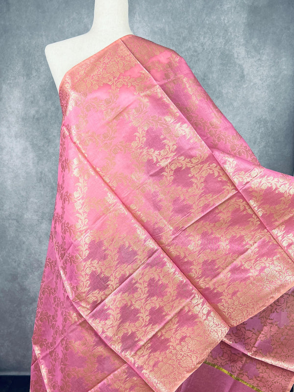 Pastel Rose Pink Color Handwoven Semi Silk Benarasi Dupatta with Muted Gold Zari Floral Jaal Weaving | Dupatta | Dupattas for Wedding - Kaash