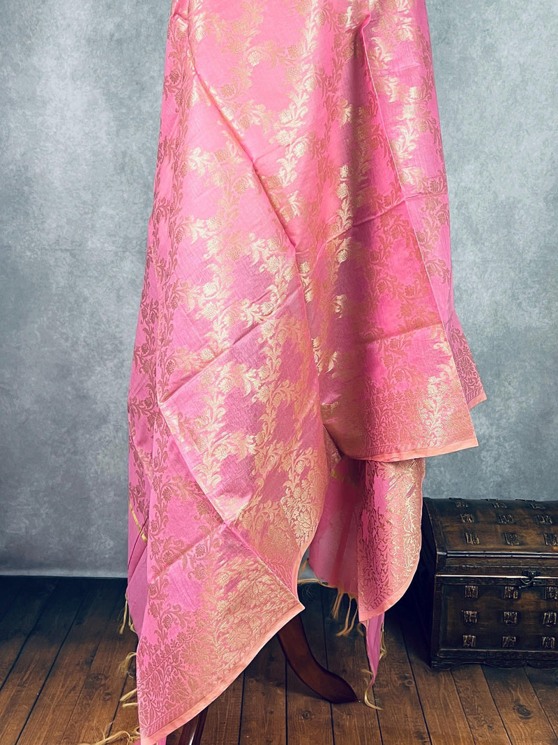 Pastel Rose Pink Color Handwoven Semi Silk Benarasi Dupatta with Muted Gold Zari Floral Jaal Weaving | Dupatta | Dupattas for Wedding - Kaash