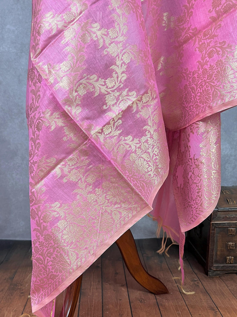 Pastel Rose Pink Color Handwoven Semi Silk Benarasi Dupatta with Muted Gold Zari Floral Jaal Weaving | Dupatta | Dupattas for Wedding - Kaash