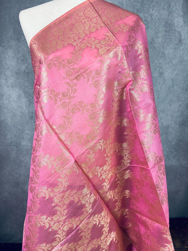 Pastel Rose Pink Color Handwoven Semi Silk Benarasi Dupatta with Muted Gold Zari Floral Jaal Weaving | Dupatta | Dupattas for Wedding - Kaash