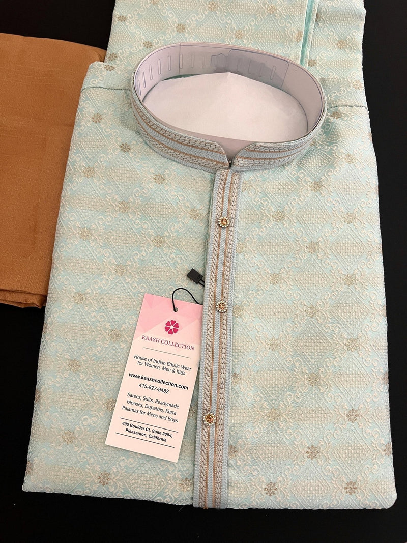 Pastel Sea Blue men's kurta pajama in soft silk with zari buttis with embossed embroidery jaal — Kaash Collection