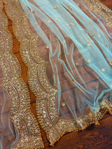 Pastel Sea Blue Color Net Dupatta with Gold Zari, Sequin and Beads - Kaash