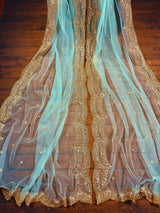 Pastel Sea Blue Color Net Dupatta with Gold Zari, Sequin and Beads - Kaash