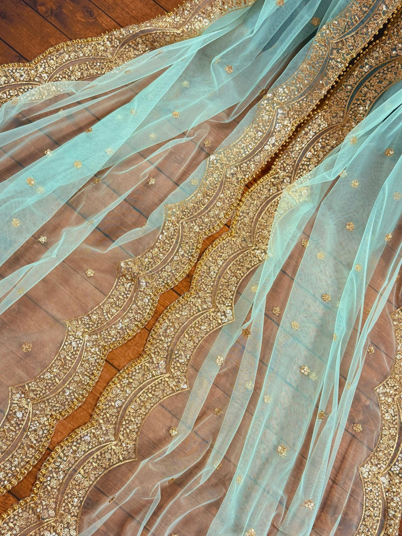 Pastel Sea Blue Color Net Dupatta with Gold Zari, Sequin and Beads - Kaash