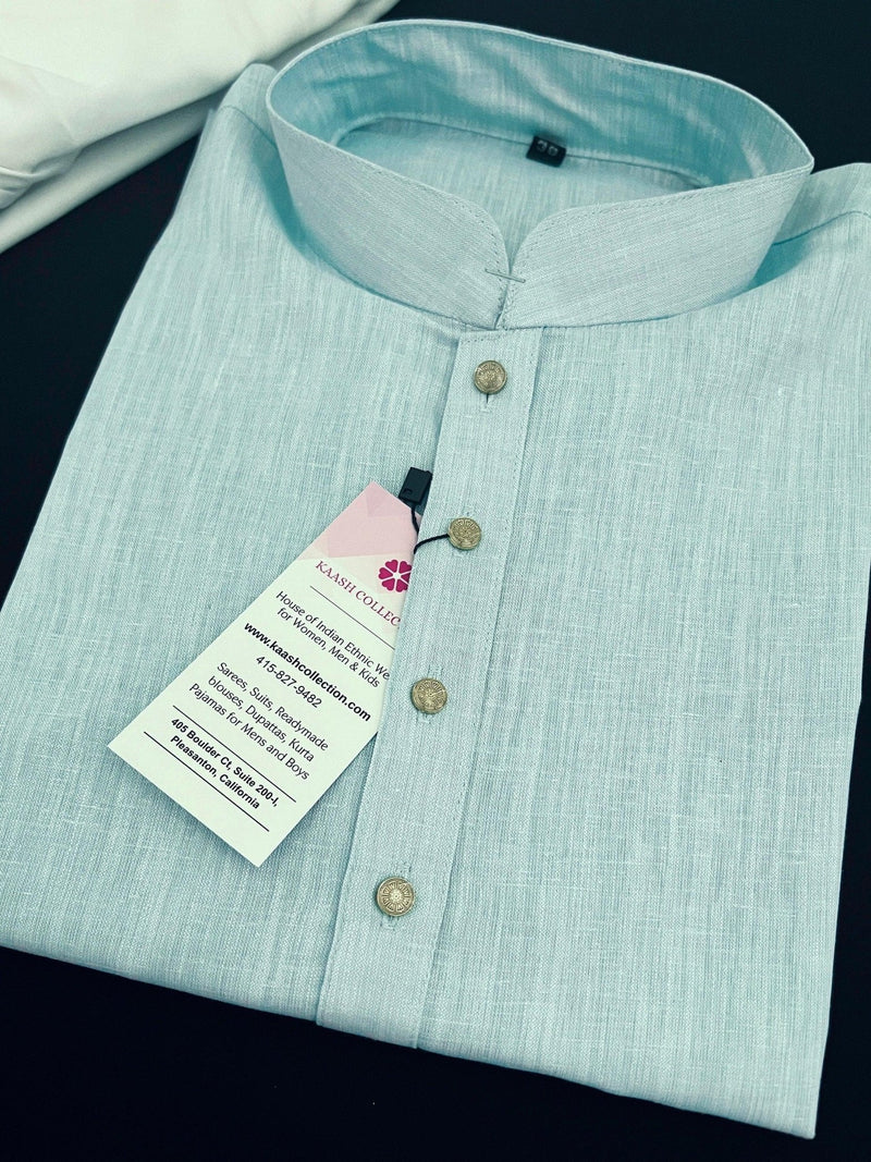 Pastel Sea Blue men's kurta pajama in pure linen cotton with premium linen cotton with fancy buttons — Kaash Collection