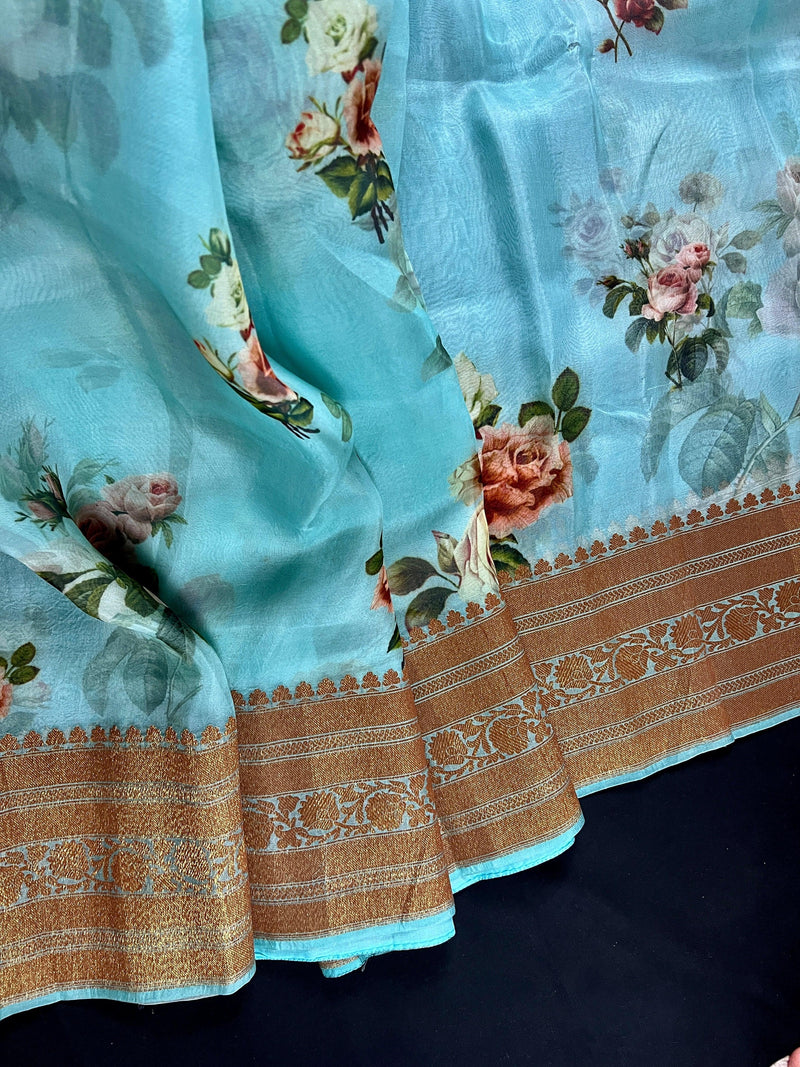 Pastel Sea Blue Color Pure Banarasi Organza Silk Saree with Digital Floral and Antiques Zari | SILK MARK CERTIFIED | Saree Store California - Kaash