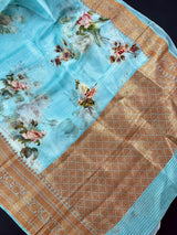 Pastel Sea Blue Color Pure Banarasi Organza Silk Saree with Digital Floral and Antiques Zari | SILK MARK CERTIFIED | Saree Store California - Kaash