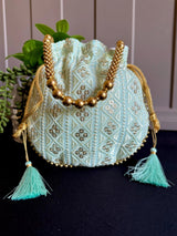 Pastel Sea Blue Color Raw Silk Light Weight Potli Bag - Kaash