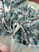 Pastel Sea Blue Floral Linen Cotton saree in linen blend cotton silk with floral print with subtle tissue border — Kaash Collection