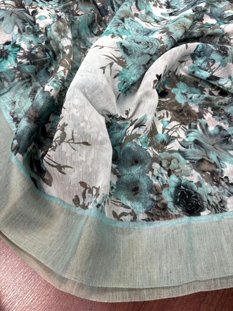 Pastel Sea Blue Floral Linen Cotton saree in linen blend cotton silk with floral print with subtle tissue border — Kaash Collection