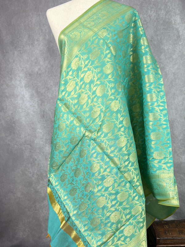 Pastel Sea Blue Handwoven Semi Silk Benarasi Dupatta with Muted Gold Zari Floral Jaal Weaving | Dupatta | Stole | Dupattas for Wedding - Kaash